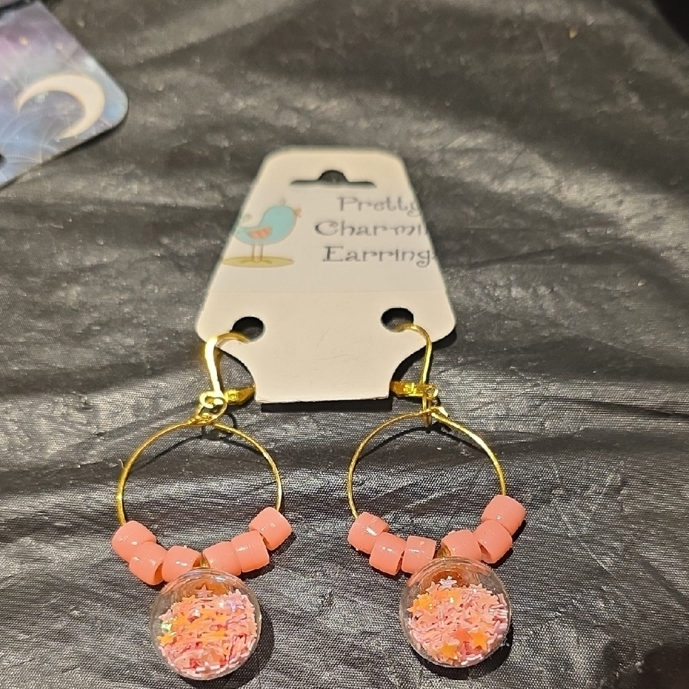 Pink Beaded Hoop Earrings with Glitter Globe